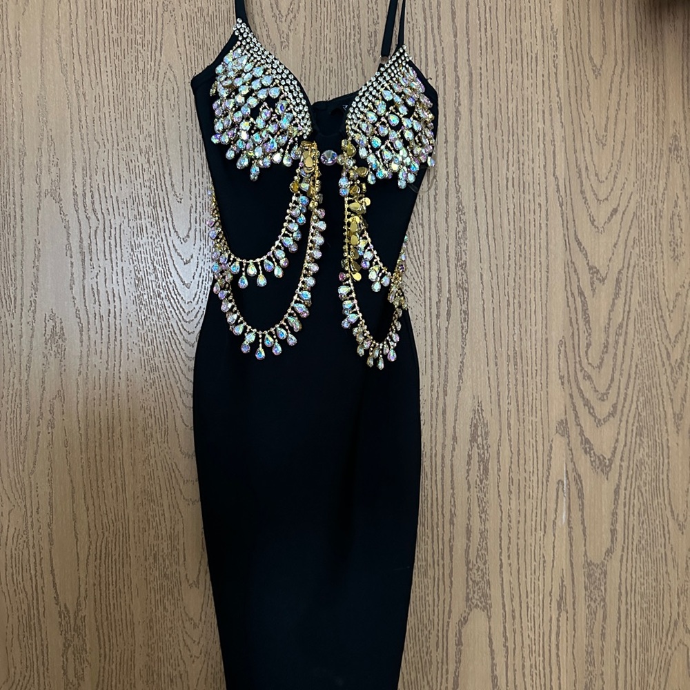 AKIRA Black Dress with Gold and Silver Embellishments